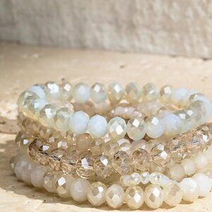 Ivory Mix 9PC NEW Glass Faceted Beaded Stretch Boho Bracelet SET